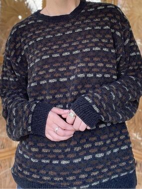 Knightsbridge 90s Soft Chenille Knit Black Grey Brown Checked Patterned Sweater